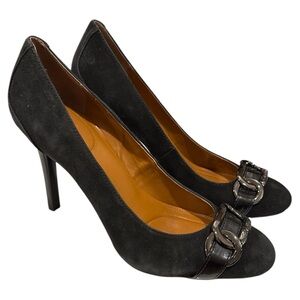 Calvin Klein Maddie Black Suede Leather‎ Stiletto Pumps Heels Chainlink Size 10